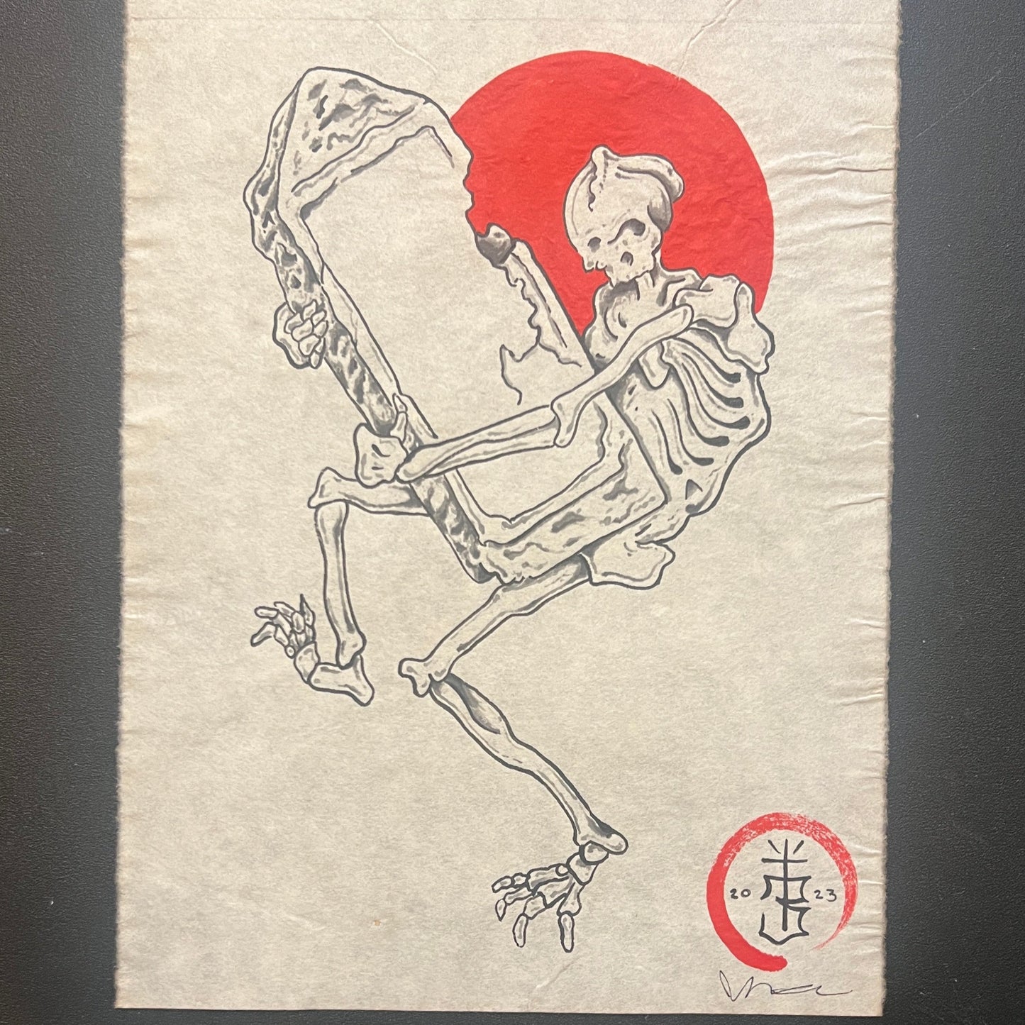 Skeleton and grave stone -Original Art by John Biswell